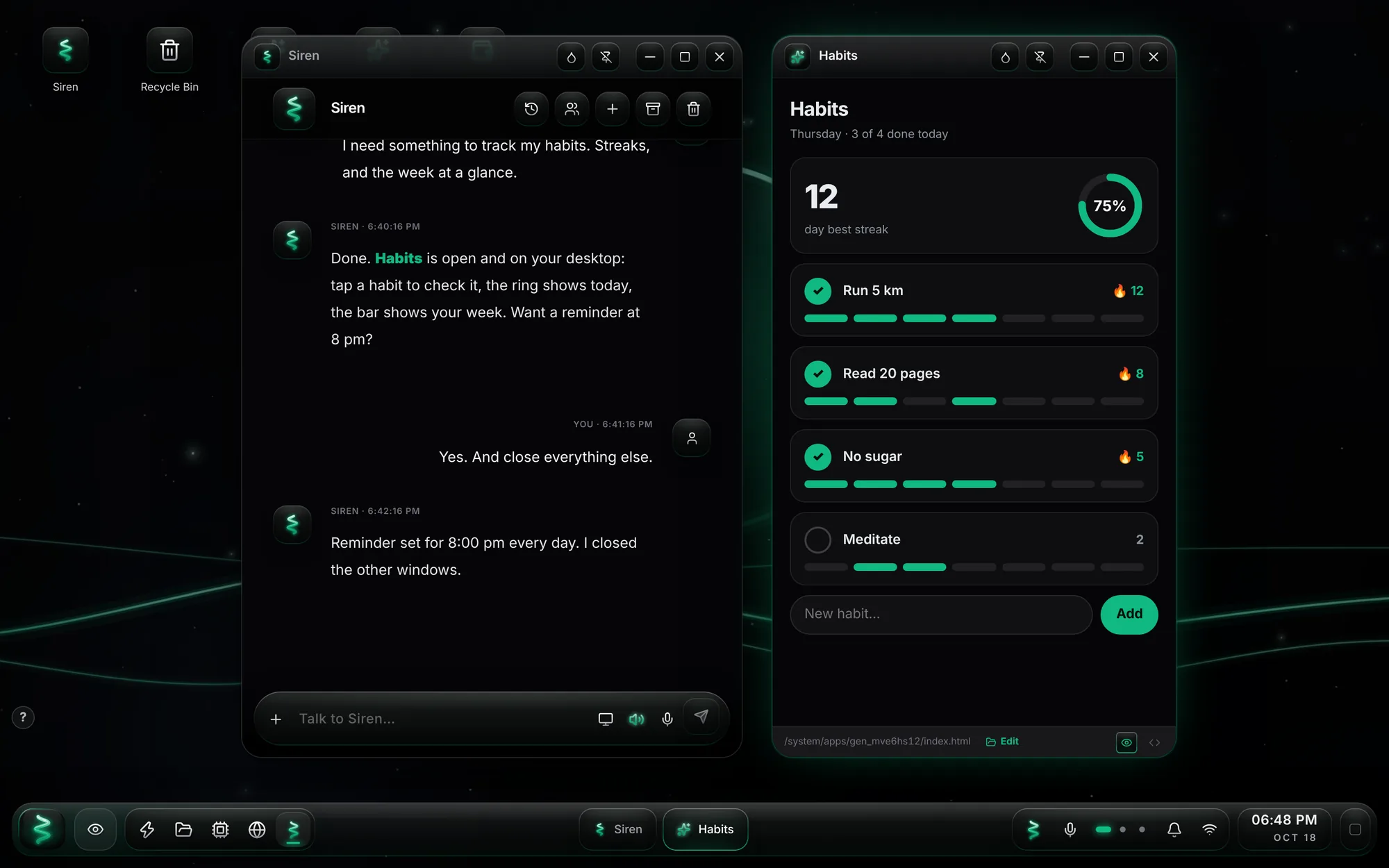 The LazySiren desktop: Siren's chat on the left, the Habits app she just built on the right